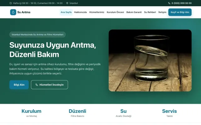 Su Arıtma için Klasik Petrol Turkuaz – Su Arıtma Web Sitesi ana sayfa görünümü