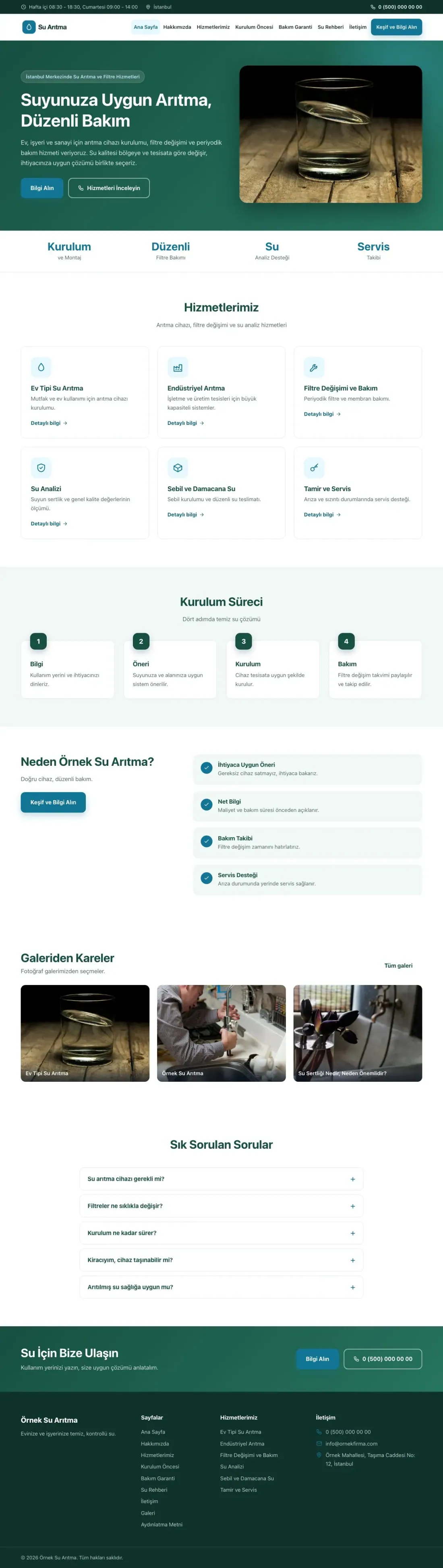 Su Arıtma için Klasik Petrol Turkuaz – Su Arıtma Web Sitesi ana sayfa görünümü