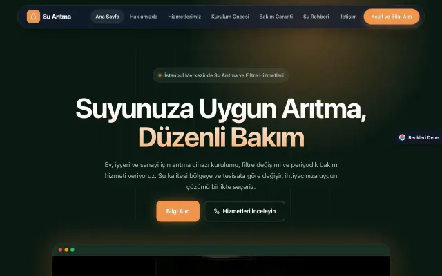 Su Arıtma için Koyu Modern Yeşil Turuncu – Su Arıtma Web Sitesi ana sayfa görünümü