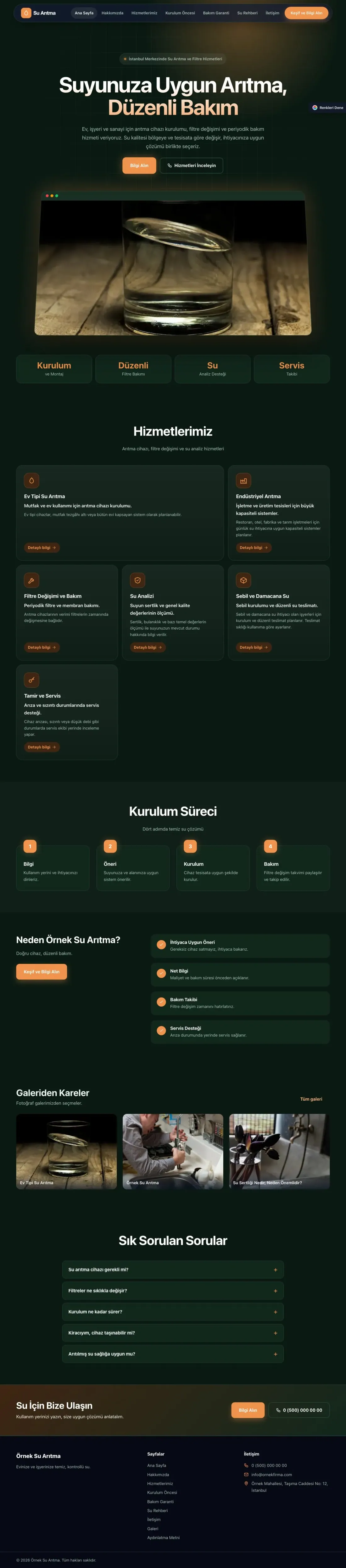 Su Arıtma için Koyu Modern Yeşil Turuncu – Su Arıtma Web Sitesi ana sayfa görünümü