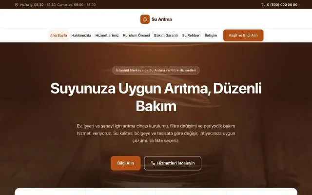 Su Arıtma için Merkez Kahve Turuncu – Su Arıtma Web Sitesi ana sayfa görünümü