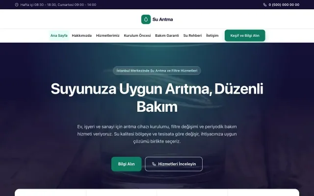 Su Arıtma için Merkez Lacivert Turkuaz – Su Arıtma Web Sitesi ana sayfa görünümü