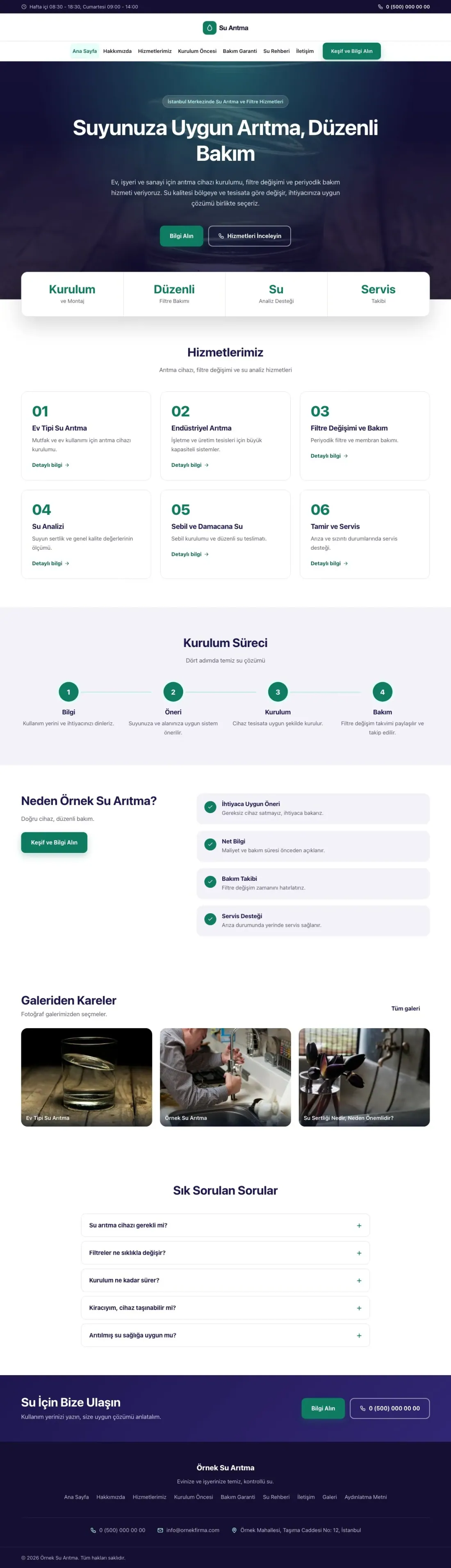 Su Arıtma için Merkez Lacivert Turkuaz – Su Arıtma Web Sitesi ana sayfa görünümü