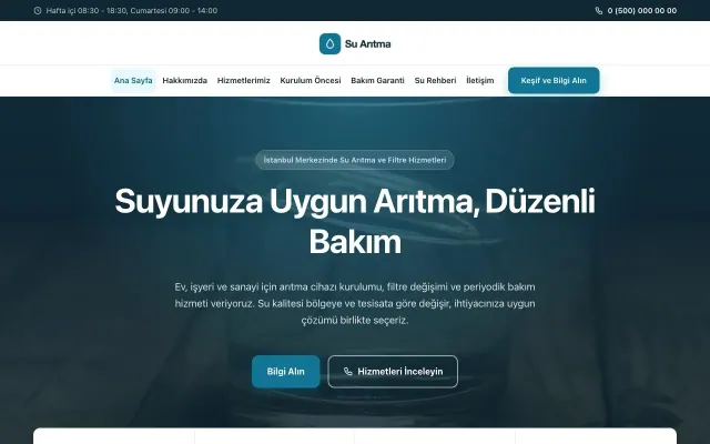 Su Arıtma için Merkez Mavi Turkuaz – Su Arıtma Web Sitesi ana sayfa görünümü