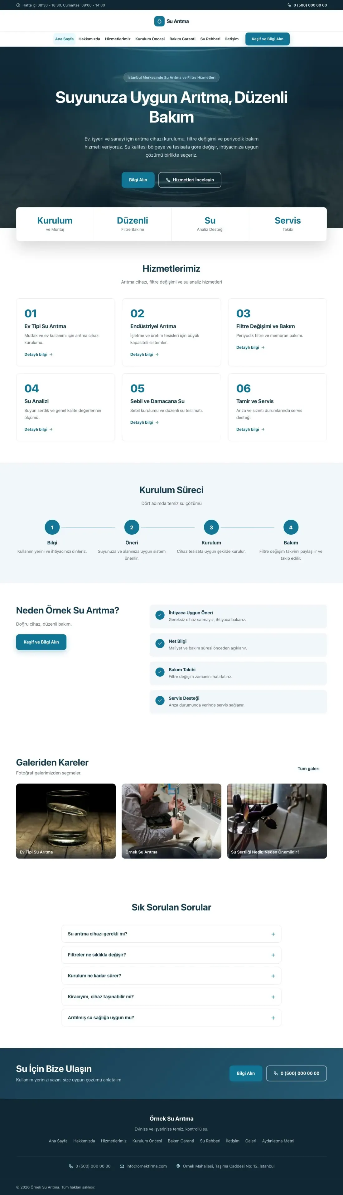 Su Arıtma için Merkez Mavi Turkuaz – Su Arıtma Web Sitesi ana sayfa görünümü