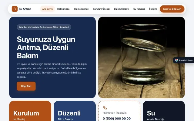 Su Arıtma için Mozaik Mavi Turuncu – Su Arıtma Web Sitesi ana sayfa görünümü