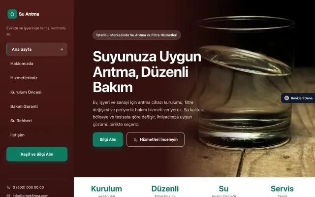 Su Arıtma için Sol Menü Bordo Turkuaz – Su Arıtma Web Sitesi ana sayfa görünümü