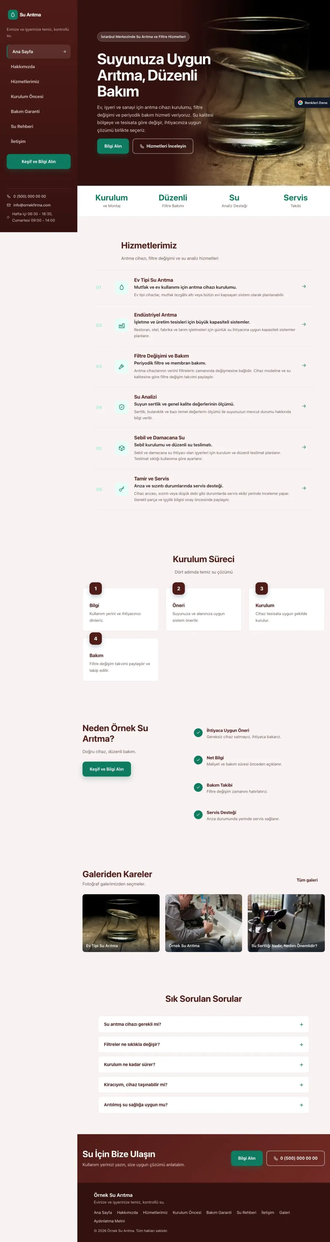 Su Arıtma için Sol Menü Bordo Turkuaz – Su Arıtma Web Sitesi ana sayfa görünümü