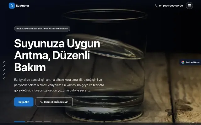 Su Arıtma için Tam Ekran Lacivert Mavi – Su Arıtma Web Sitesi ana sayfa görünümü