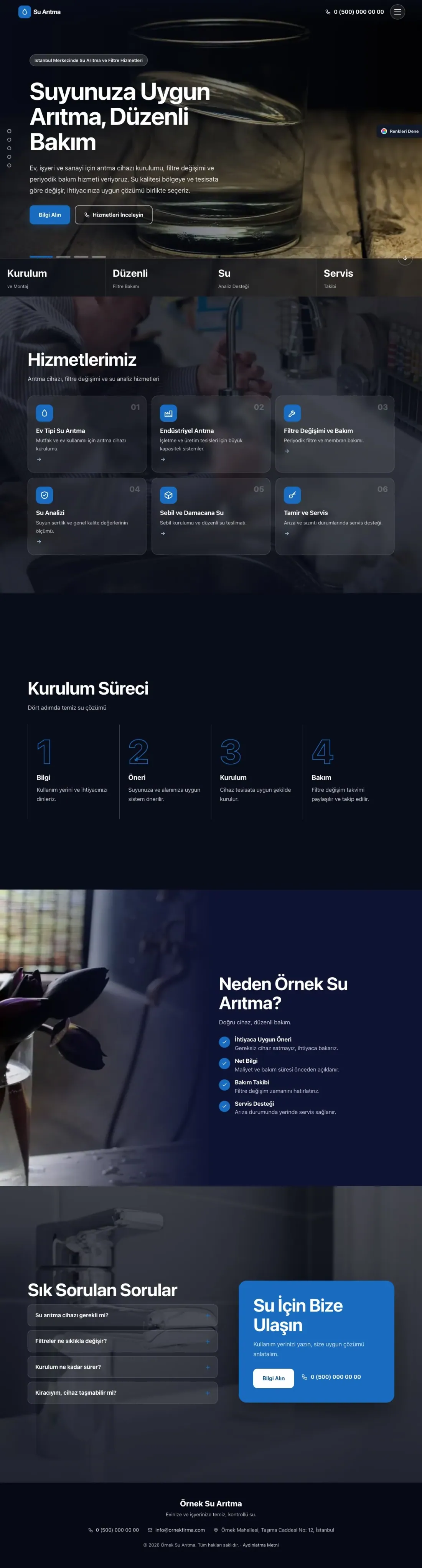 Su Arıtma için Tam Ekran Lacivert Mavi – Su Arıtma Web Sitesi ana sayfa görünümü