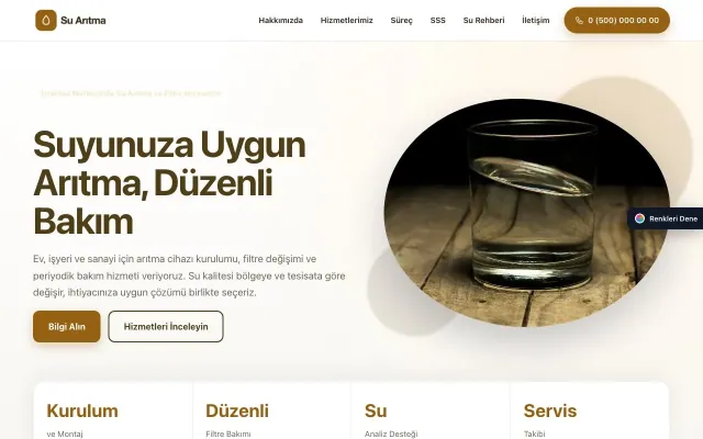 Su Arıtma için Tek Sayfa Kahve Turuncu – Su Arıtma Web Sitesi ana sayfa görünümü