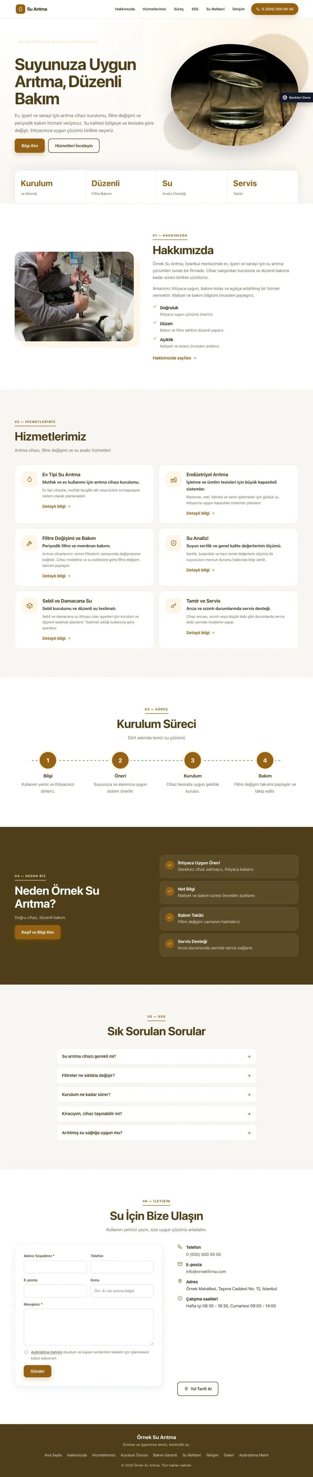 Su Arıtma için Tek Sayfa Kahve Turuncu – Su Arıtma Web Sitesi ana sayfa görünümü