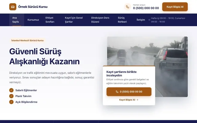 Sürücü Kursu için Bölünmüş Lacivert Turuncu – Sürücü Kursu Web Sitesi ana sayfa görünümü
