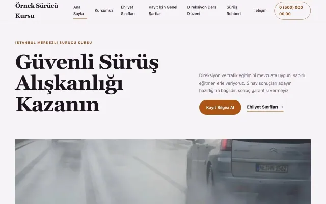 Sürücü Kursu için Editoryal Mor Turuncu – Sürücü Kursu Web Sitesi ana sayfa görünümü