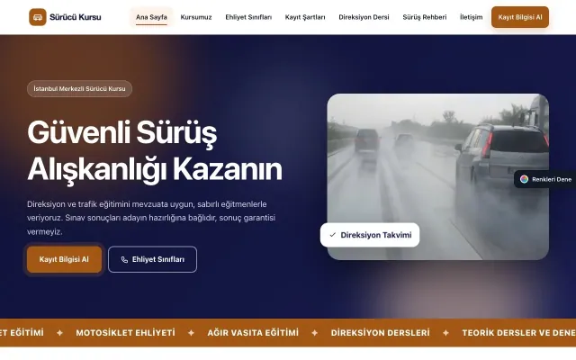 Sürücü Kursu için Hareketli Lacivert Turuncu – Sürücü Kursu Web Sitesi ana sayfa görünümü