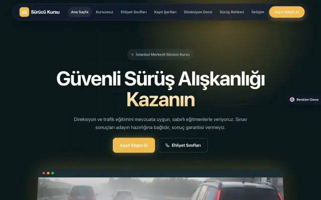 Sürücü Kursu için Koyu Modern Petrol Amber – Sürücü Kursu Web Sitesi ana sayfa görünümü