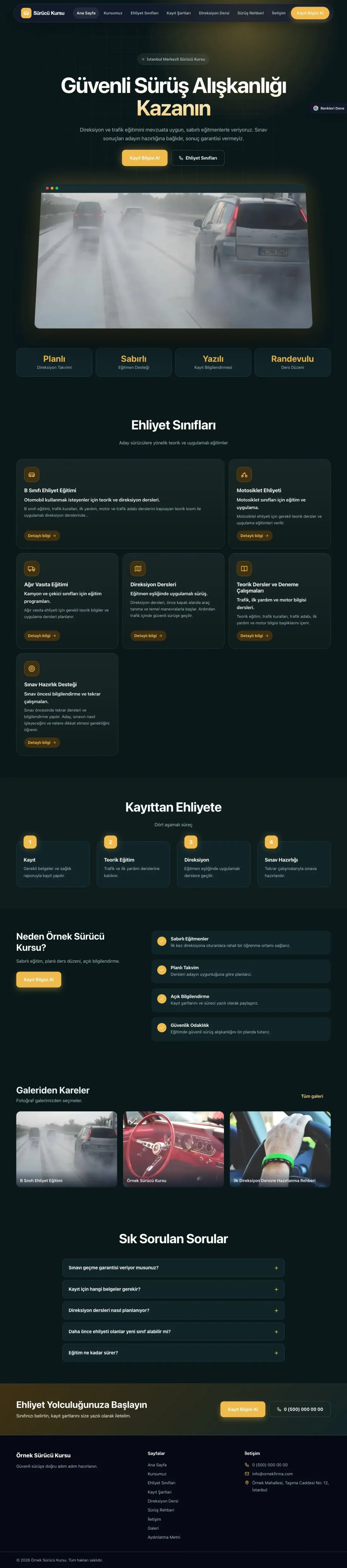 Sürücü Kursu için Koyu Modern Petrol Amber – Sürücü Kursu Web Sitesi ana sayfa görünümü