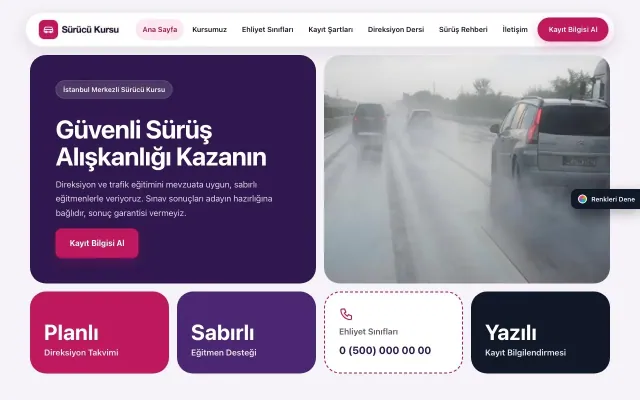 Sürücü Kursu için Mozaik Mor Pembe – Sürücü Kursu Web Sitesi ana sayfa görünümü