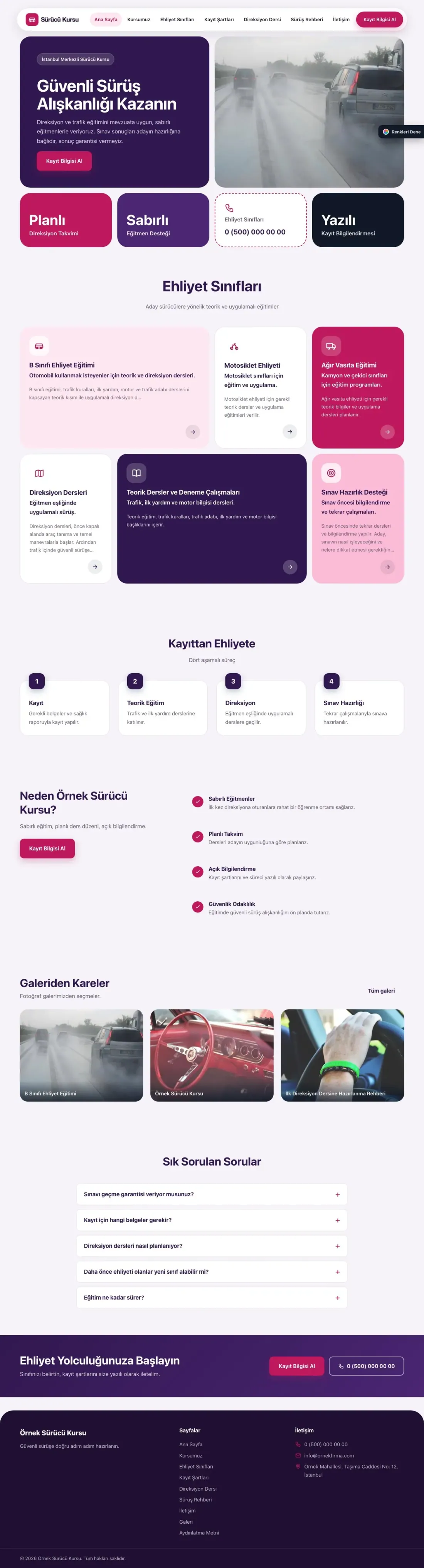 Sürücü Kursu için Mozaik Mor Pembe – Sürücü Kursu Web Sitesi ana sayfa görünümü
