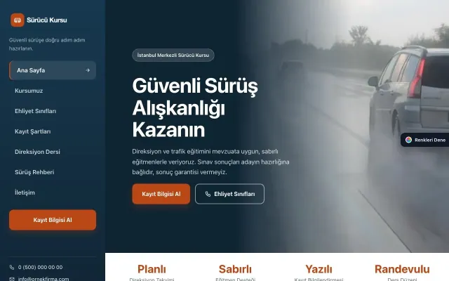 Sürücü Kursu için Sol Menü Mavi Turuncu – Sürücü Kursu Web Sitesi ana sayfa görünümü