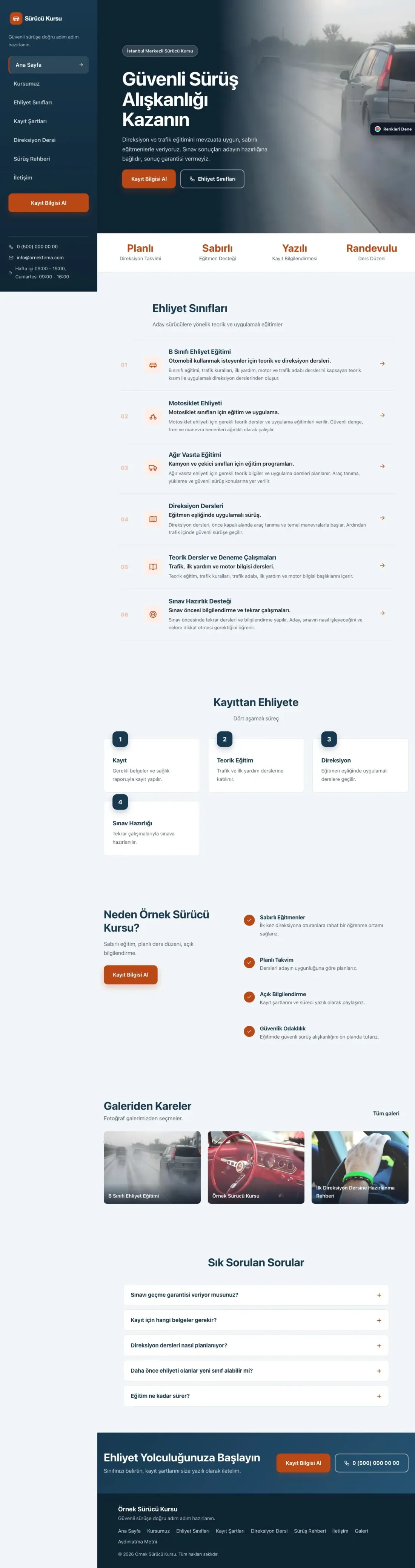 Sürücü Kursu için Sol Menü Mavi Turuncu – Sürücü Kursu Web Sitesi ana sayfa görünümü