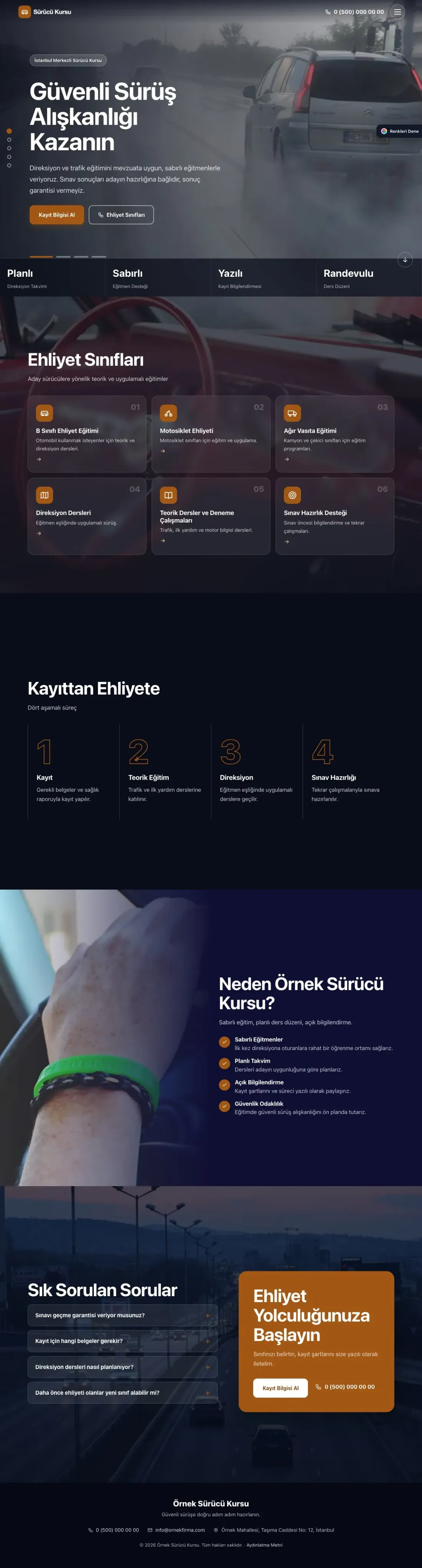 Sürücü Kursu için Tam Ekran Lacivert Turuncu – Sürücü Kursu Web Sitesi ana sayfa görünümü