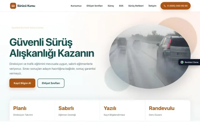 Sürücü Kursu için Tek Sayfa Petrol Turuncu – Sürücü Kursu Web Sitesi ana sayfa görünümü