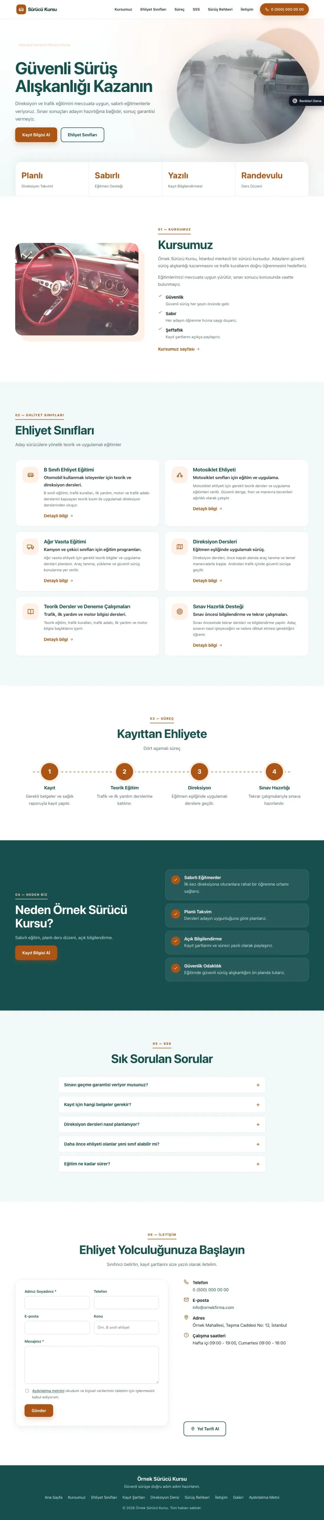 Sürücü Kursu için Tek Sayfa Petrol Turuncu – Sürücü Kursu Web Sitesi ana sayfa görünümü