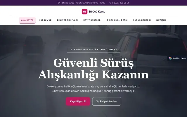 Sürücü Kursu için Zigzag Mor Pembe – Sürücü Kursu Web Sitesi ana sayfa görünümü