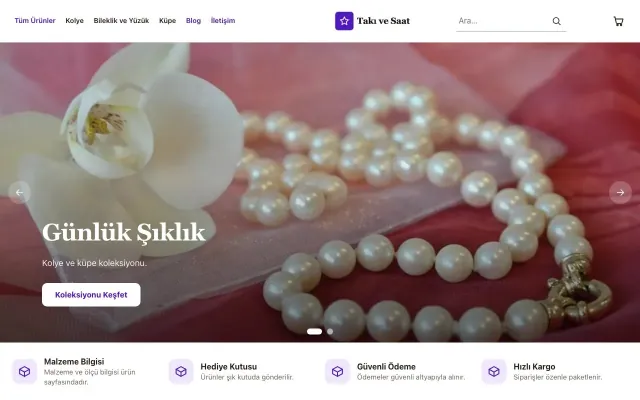 Butik Kahve Mor – Takı ve Saat E-ticaret Sitesi ana sayfa görünümü
