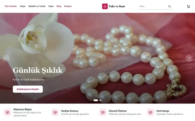 Butik Yeşil Pembe – Takı ve Saat E-ticaret Sitesi ana sayfa görünümü