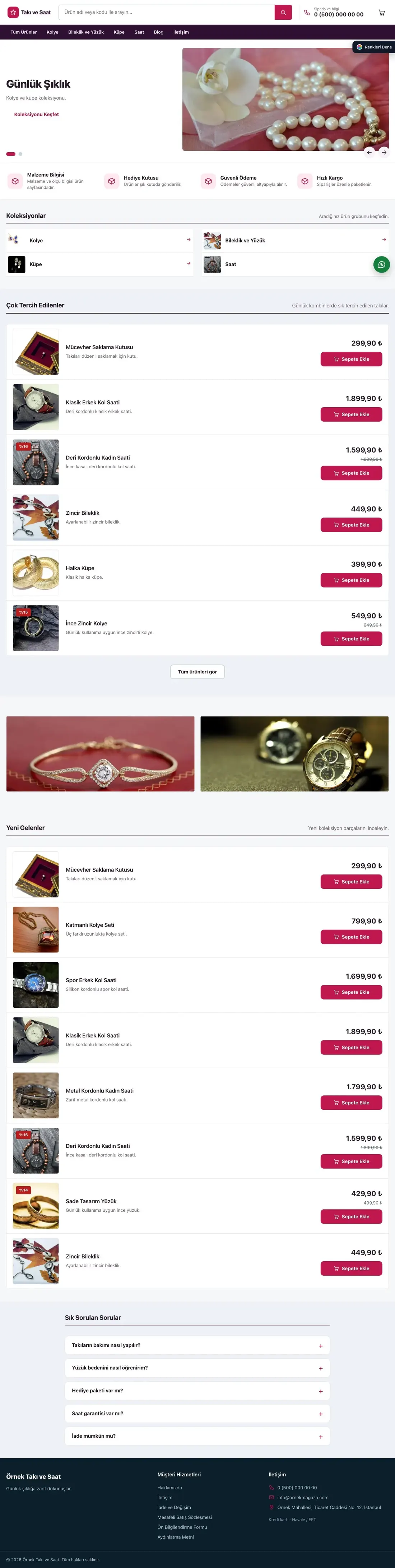 Takı ve Saat için Liste Mor Pembe – Takı ve Saat E-ticaret Sitesi ana sayfa görünümü