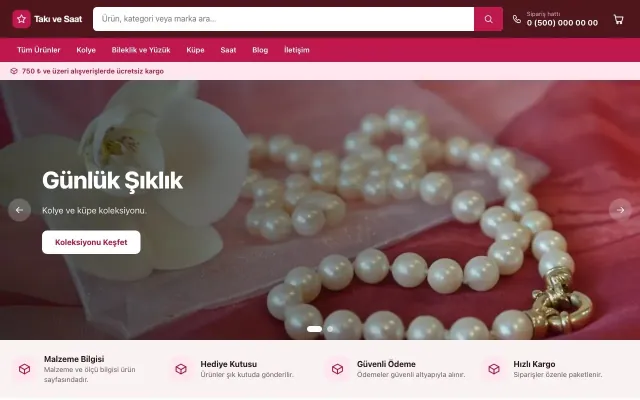 Market Bordo Pembe – Takı ve Saat E-ticaret Sitesi ana sayfa görünümü