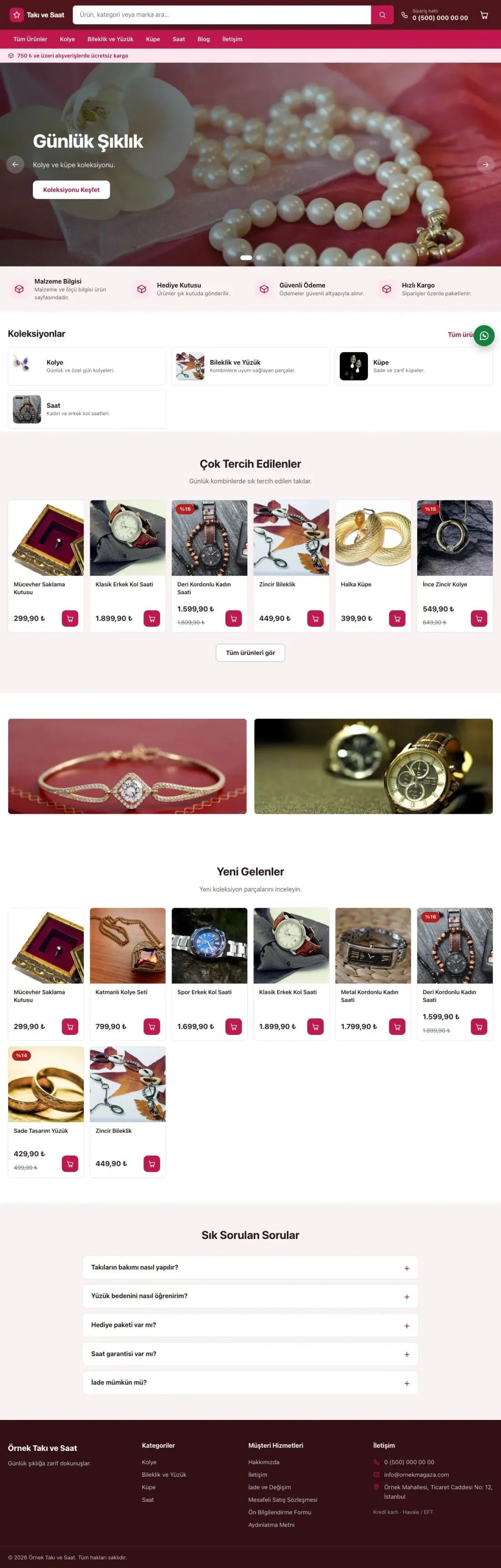 Market Bordo Pembe – Takı ve Saat E-ticaret Sitesi ana sayfa görünümü