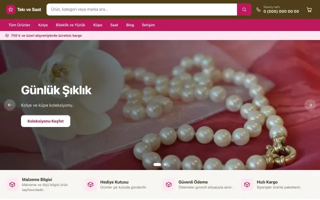 Market Kahve Pembe – Takı ve Saat E-ticaret Sitesi ana sayfa görünümü