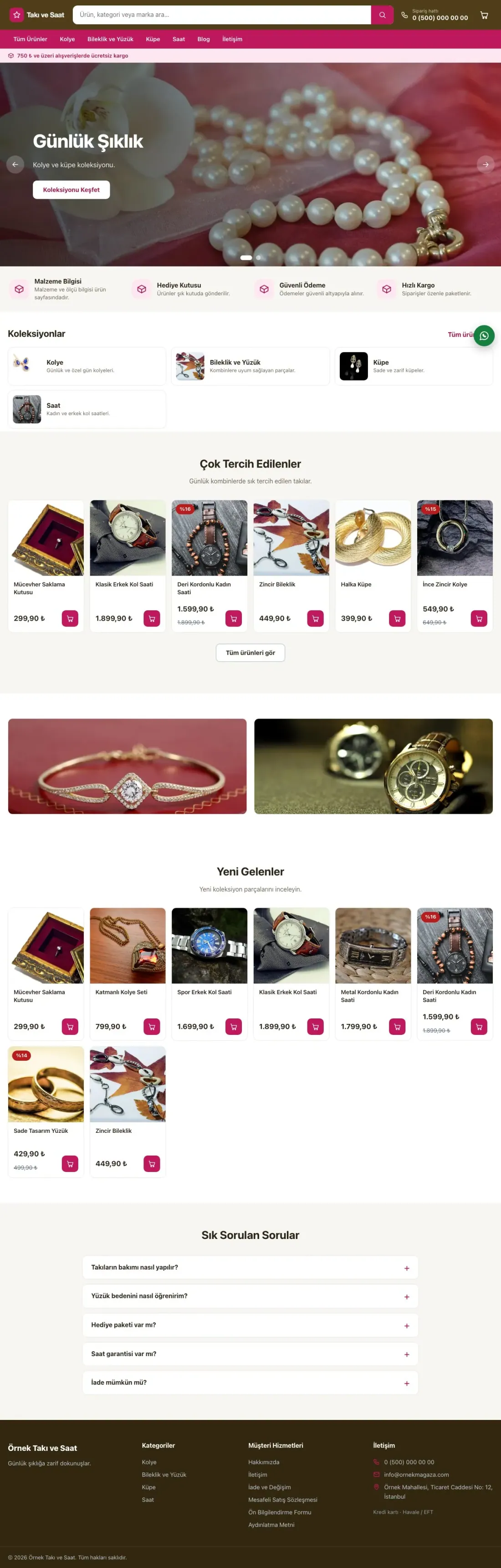 Market Kahve Pembe – Takı ve Saat E-ticaret Sitesi ana sayfa görünümü