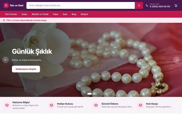 Market Mor Pembe – Takı ve Saat E-ticaret Sitesi ana sayfa görünümü