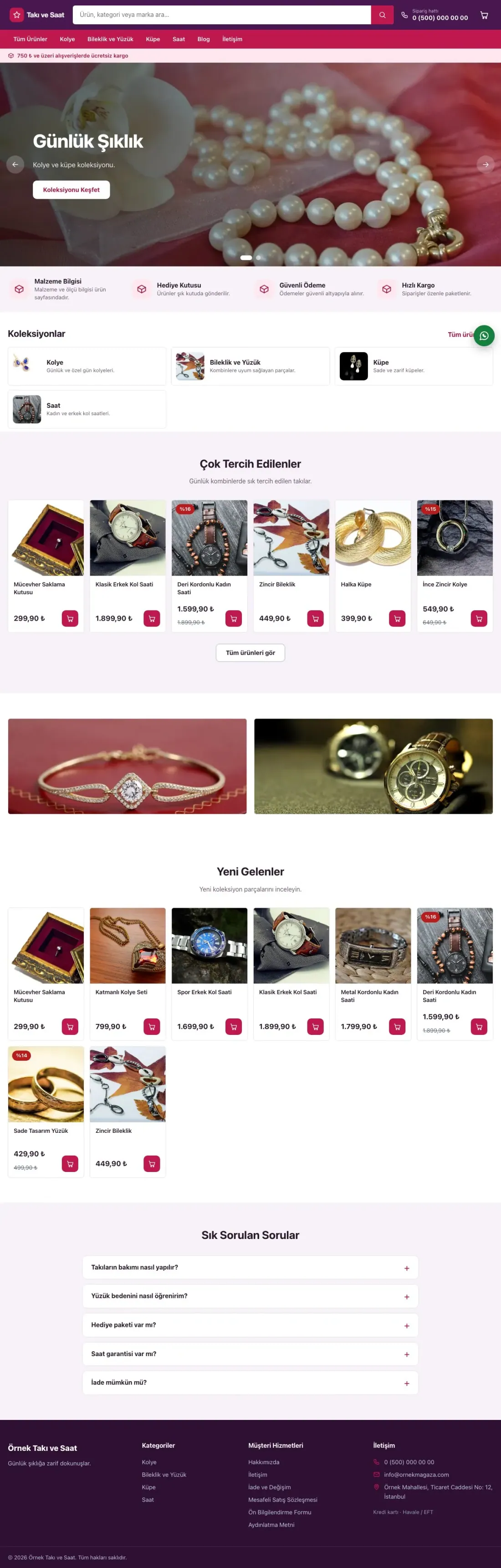 Market Mor Pembe – Takı ve Saat E-ticaret Sitesi ana sayfa görünümü