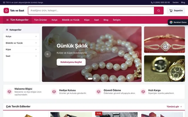 Takı ve Saat için Pazar Yeri Lacivert Pembe – Takı ve Saat E-ticaret Sitesi ana sayfa görünümü