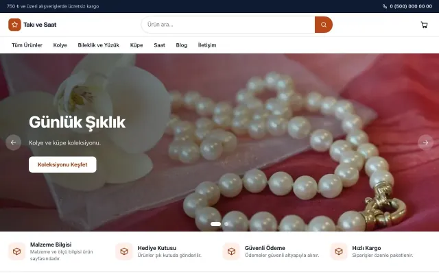 Vitrin Mavi Turuncu – Takı ve Saat E-ticaret Sitesi ana sayfa görünümü