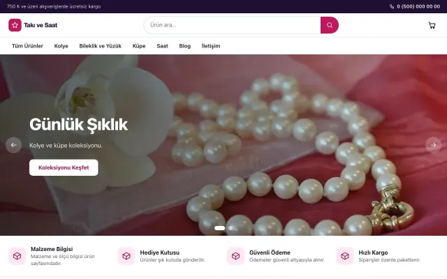 Vitrin Mor Pembe – Takı ve Saat E-ticaret Sitesi ana sayfa görünümü