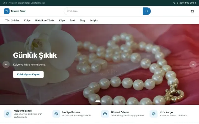 Vitrin Petrol Mavi – Takı ve Saat E-ticaret Sitesi ana sayfa görünümü