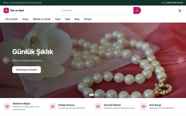 Vitrin Petrol Pembe – Takı ve Saat E-ticaret Sitesi ana sayfa görünümü
