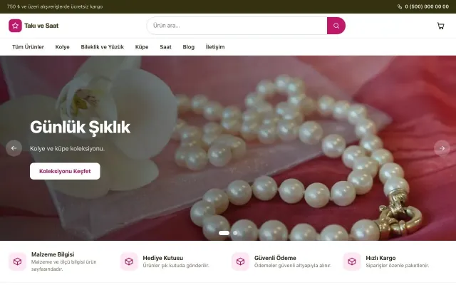 Vitrin Zeytin Pembe – Takı ve Saat E-ticaret Sitesi ana sayfa görünümü