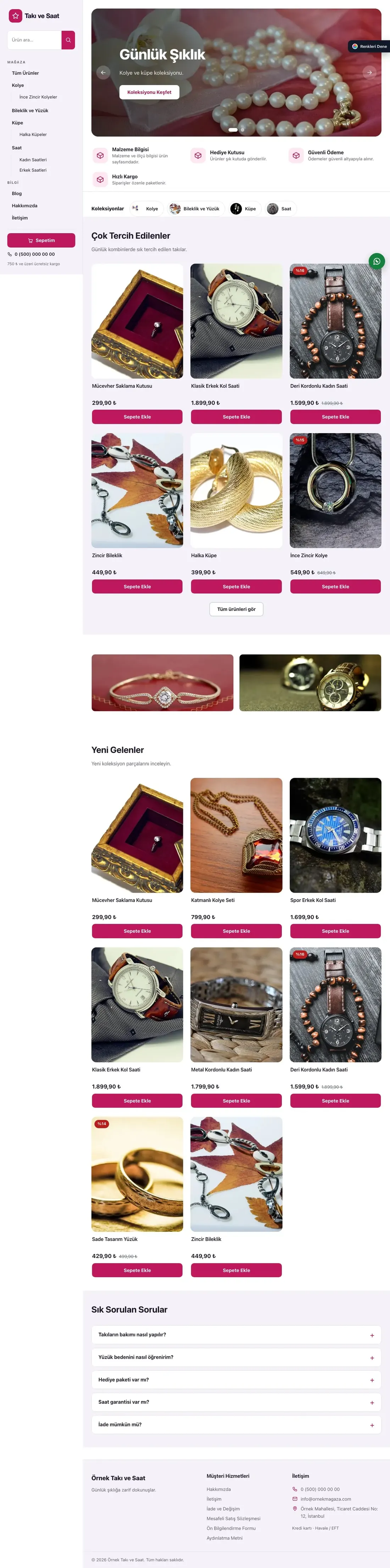 Takı ve Saat için Yan Menü Mor Pembe – Takı ve Saat E-ticaret Sitesi ana sayfa görünümü