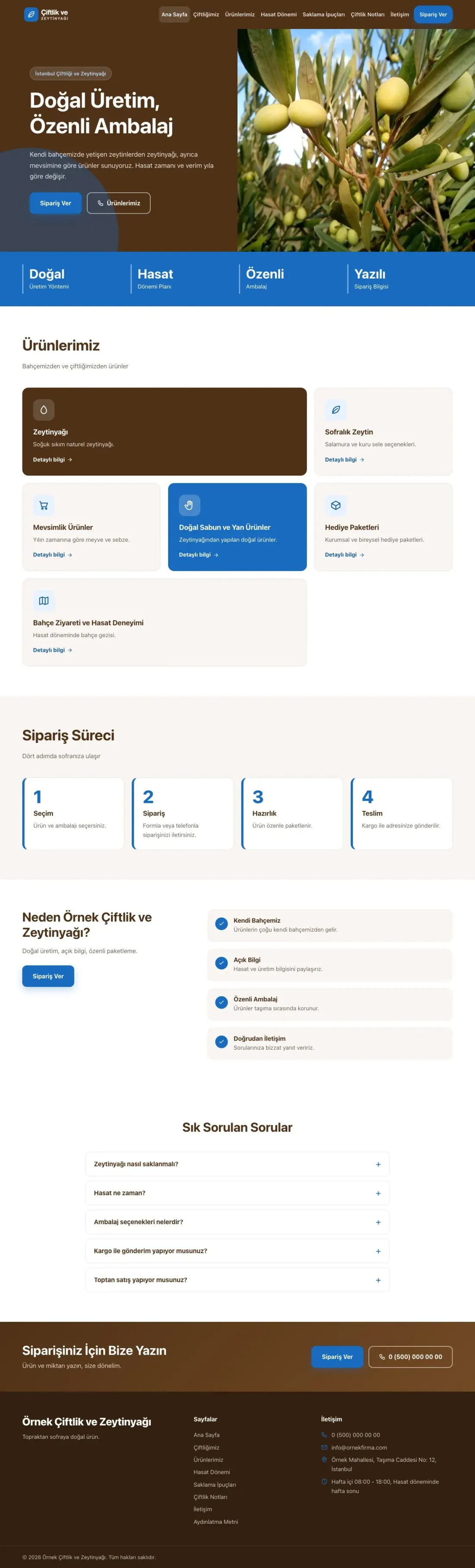 Blok Kahve Mavi – Tarım ve Zeytinyağı Web Sitesi ana sayfa görünümü