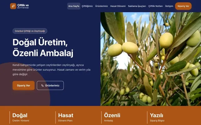 Blok Lacivert Turuncu – Tarım ve Zeytinyağı Web Sitesi ana sayfa görünümü