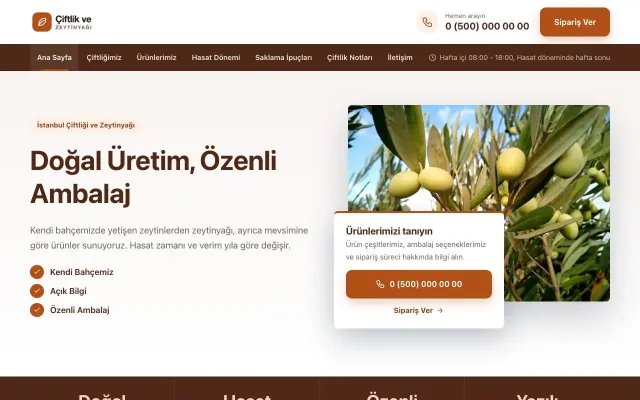 Bölünmüş Kahve Turuncu – Tarım ve Zeytinyağı Web Sitesi ana sayfa görünümü