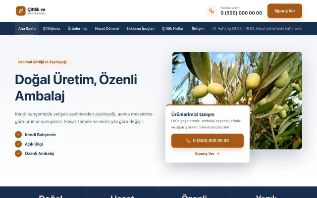 Bölünmüş Mavi Turuncu – Tarım ve Zeytinyağı Web Sitesi ana sayfa görünümü