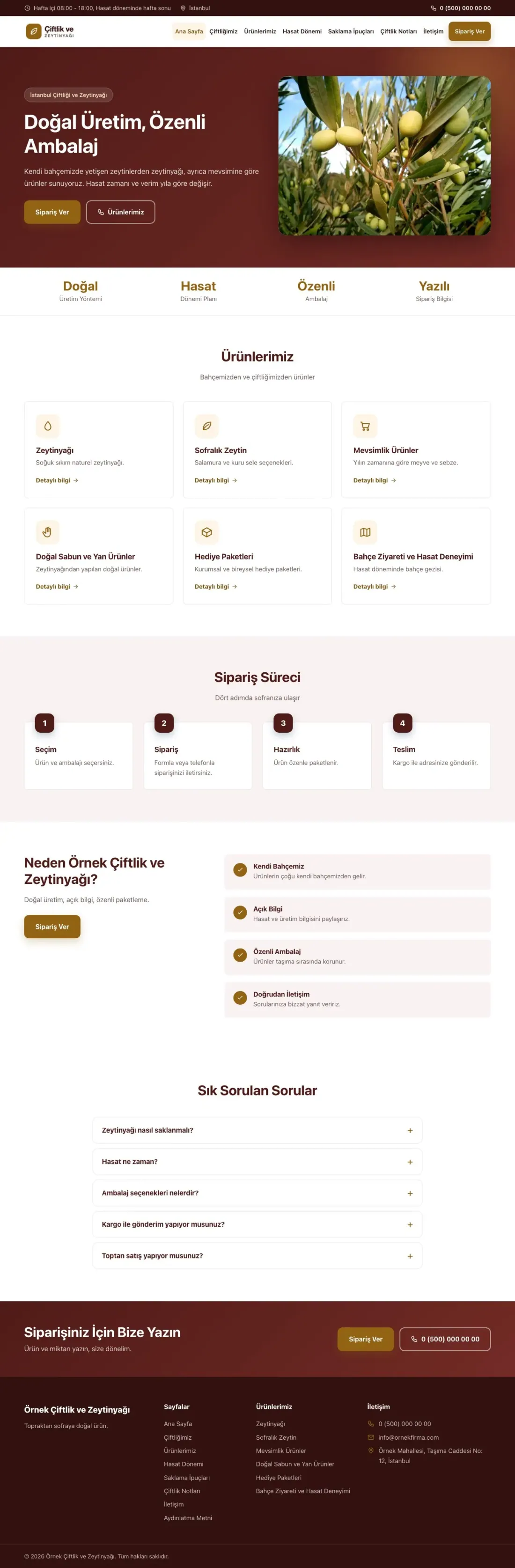 Klasik Bordo Turuncu – Tarım ve Zeytinyağı Web Sitesi ana sayfa görünümü